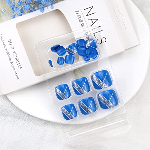 Press On Toenails Toe Tips Fake Nails Short Acrylic Blue Toe Nails Press On Fake Toenails French Tip Press On Nails Glitter Toe Nail Tip Square Stick On Nails False Toenails For Women 24pcs - Image 4