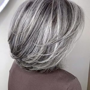RENERSHOW Short Grey Bob Wig with Curtain Bangs for White Women Chin Length Gray Highlight Wigs Synthetic Natural Look Salt N Pepper Wig