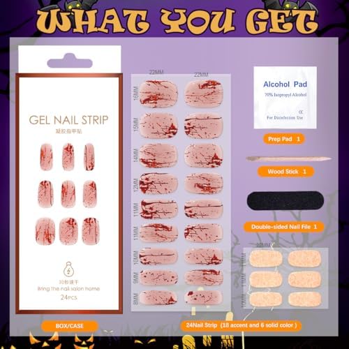 Halloween Semi Cured Gel Nail Stickers 24pcs Long Lasting Nail Wraps Salon-Quality Semi-Cured Gel Nail Strips UV Lamp Required Semicured Gel Nail Wraps for Women Manicure (Horror Blood 344) - Image 6