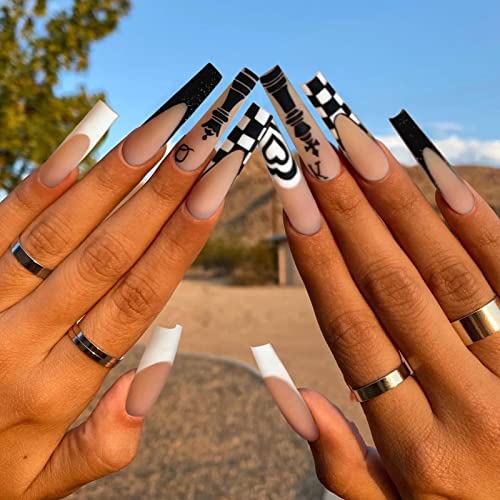 French Tip Press on Nails Long Ballerina Fake Nail Black&White Checkerboard Grid Love Shape Designs False Nails with Glue on Nails Artificial Acrylic Nails Glitter Stick on Nails for Women Girls - Image 2