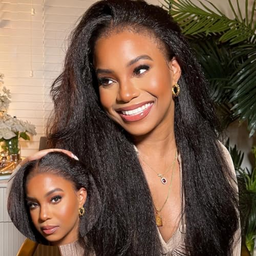 Sunber Straight Human Hair Wig 4C Kinky Edge Yaki Straight Skin Melt 13x4 Lace Front Human Hair Wigs 12A Remy Hair Pre Plucked With Native Baby Hair Kinky Straight Wigs 180% Density 20Inch - Image 4