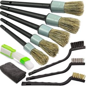 TAKAVU 12-Piece Natural Boar Hair Car Detailing Brush Set with Microfiber Towel Included