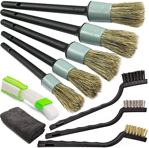 TAKAVU 12-Piece Natural Boar Hair Car Detailing Brush Set with Microfiber Towel Included
