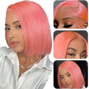 10 Inch 180% Density Glueless Pink Bob Human Hair Lace Front Wig for Women