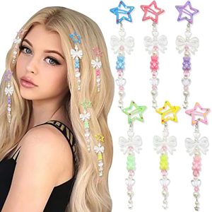 6 Pack Star Hair Clips Colorful Snap Hair Barrettes Y2K Beaded Butterfly Bear Pearl Pendant Hair Clips Jewelry Acrylic Resin Love Beads Hair Accessories for Women and Girls