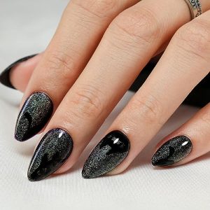 Press On Nails Almond, SHOWMORE Rainbow Glitter Fake Nails Medium Cat Eye Glue On Nails False Nails with Design Reusable Stick On Nails, 12 Sizes 24 Nail Kit with Glue (Handmade)