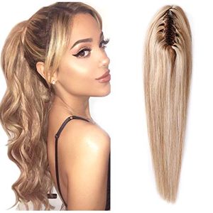 Hairro Clip On Ponytail Hair Extensions Jaw On Claw Clip Ponytails Real Hair Long Jaw/Claw Pony Tail With Clips Hairpieces For Women 20 Inch 120g #18P613 Ash Blonde Mix Bleach Blonde