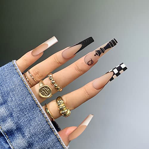 French Tip Press on Nails Long Ballerina Fake Nail Black&White Checkerboard Grid Love Shape Designs False Nails with Glue on Nails Artificial Acrylic Nails Glitter Stick on Nails for Women Girls - Image 3