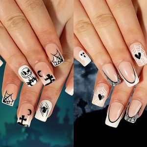 TailaiMei 48Pcs Halloween Press on Nails Short Square Fake Nails with Self-Adhesive Jelly Nail Glue Tabs, Ghost, Spider Web Artificial Nails Acrylic Full Cover Nail False Fingernails for Women (White)