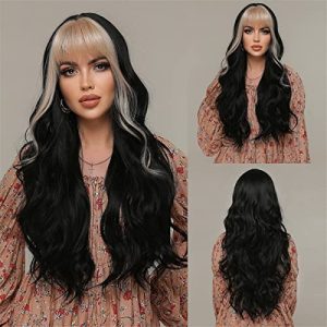 Skunk Stripe Wigs Black Mix Blonde Wig with Bangs for Women, Highlight Long Wavy Heat Resistant Hair for Daily Halloween Party Cosplay