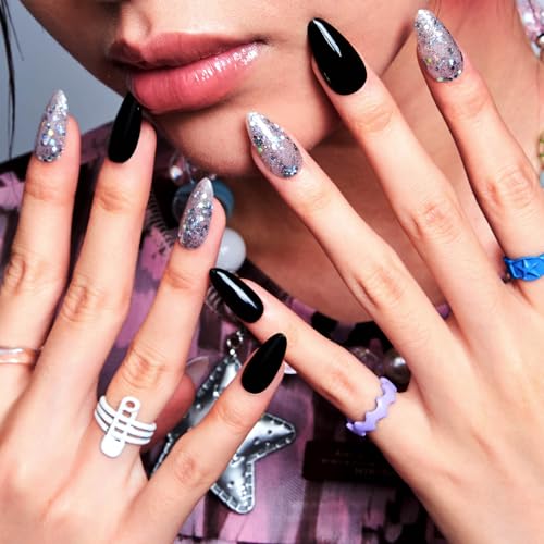 GLAMERMAID Black Press on Nails Short, Nude Glitter Medium Almond Glue on Gel Nails, Handmade Fake Nails Acrylic False Nails Stick on Nails Sets Kits Reusable Acrylic Nails Kit for Women Girls Gift - Image 3