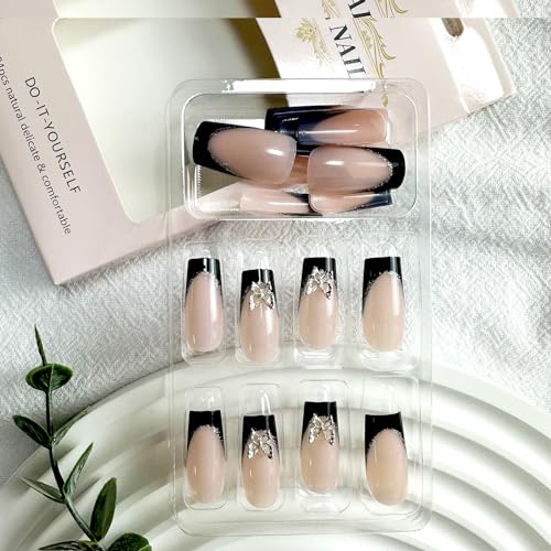 Square Medium Length Press On Nails Black French Tip Butterfly Design 24 Count - Image 3