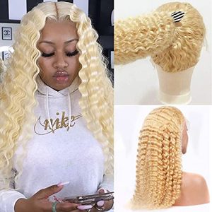 Lace Front Wigs 13x1x4 Deep Wave Human Hair Wigs 150% Density Middle Part 613 Lace Frontal Wigs Blonde Curly Wigs Pre Plucked with Natural Hairline 150% Density Long 24 inch