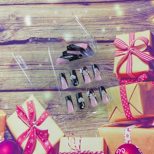 Black Nails French Tip Press on Nails Long Square Fake Nails with Valentines Day Designs Heart Star Charms Glitter Full Cover Acrylic Pink False Nails Medium Glue on Nails for Women and Girls 24Pcs - Image 2
