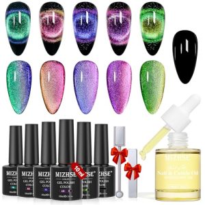 MIZHSE 9D Cat Eye Gel Nail Polish, 10ml*6 with 2 Magnets and 30ml Cuticle Oil for Nails, Nail Oil Cuticle Hydrating Oil for Repairing Cuticles