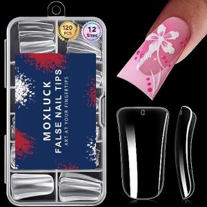 120Pcs Clear Curved Duck Nail Tips for Home DIY Nail Art in 12 Sizes