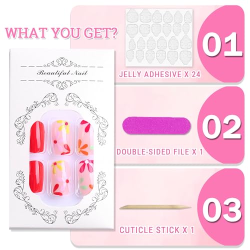 Flower Press on Nails Short Square Spring Summer Fake Nails, Colorful Daisy Acrylic Nails Kits, Red Nude Glossy Gel False Nails Stick Glue on Nails Tip Manicure 24Pcs - Image 5