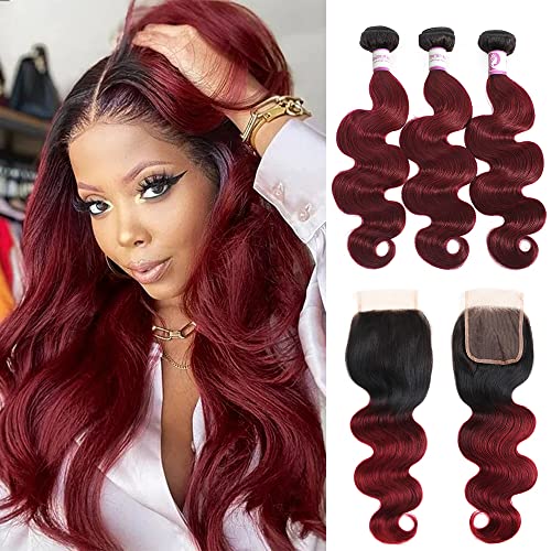 Brazilian Ombre Body Wave Human Hair Bundles with Closure 16 Inch Unprocessed