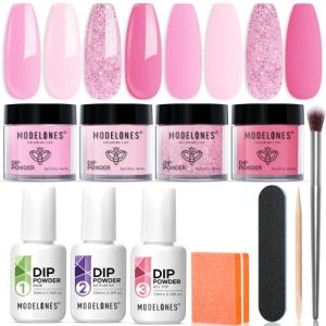 Modelones 4 Color Dip Powder Nail Kit Starter Set Light Hot Pink Glitter and Essential Liquids