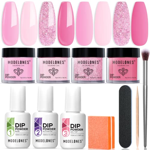Modelones 4 Color Dip Powder Nail Kit Starter Set Light Hot Pink Glitter and Essential Liquids