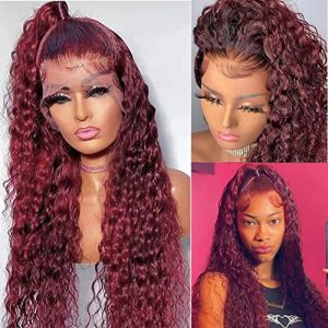 Smavida 18 Inch Burgundy Kinky Curly Human Hair Lace Front Wig 150% Density