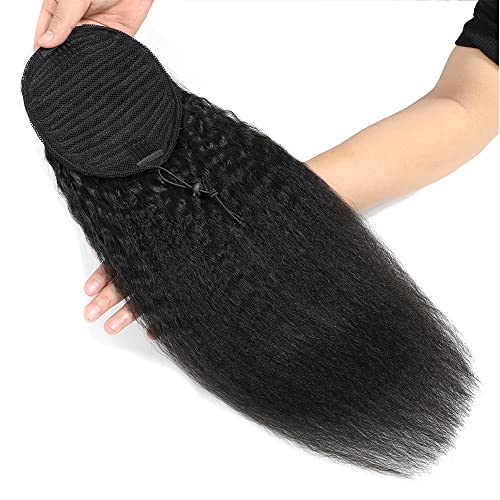 16 Inches Kinky Straight Ponytails Human Hair Drawstring Ponytail Extension Kinky Straight Clip in Pony Tail Hair Extensions for Black Women Natural Black Hair Pieces - Image 2