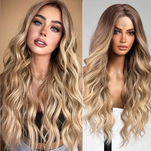 Long Ombre Brown mix Blonde Wavy Wig for Women,Middle Part Curly Wavy Wig,Natural Looking Synthetic Heat Resistant Fiber Wig for Daily Party Use 26IN…