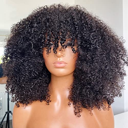 Afro Kinky Curly Wig With Bangs 200 Density Full Machine Made Human Hair Wig Scalp Top Wig Brazilian Short Curly Wigs For Black Women Natural Color 16 Inch