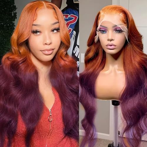 Ginger to Dark Purple Ombre 26 Inch Body Wave Human Hair Wig 150% Density Lace Front - Image 3