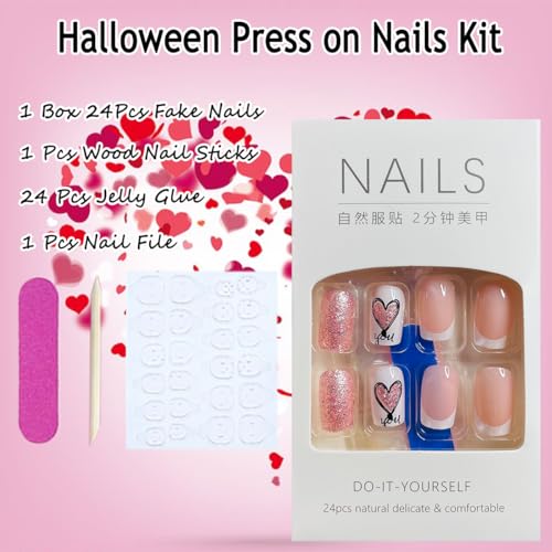 Valentines Day Press on Nails Medium Square Glitter Fake Nails Coffin Acrylic Nails with Shining Heart Designs Valentines Nails Full Cover Glue on Nails Artificial False Nails for Women Manicure 24Pcs - Image 6