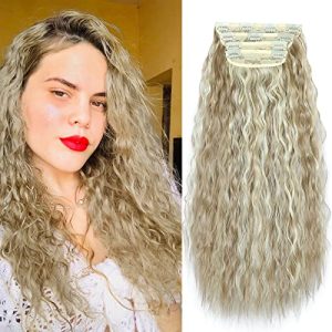 20 Inch Curly Clip-In Hair Extensions Dark Ash Blonde Beige Blonde Mix New