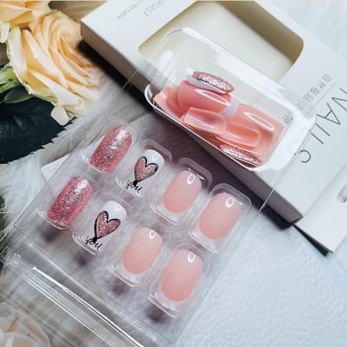 Valentines Day Press on Nails Medium Square Glitter Fake Nails Coffin Acrylic Nails with Shining Heart Designs Valentines Nails Full Cover Glue on Nails Artificial False Nails for Women Manicure 24Pcs - Image 5