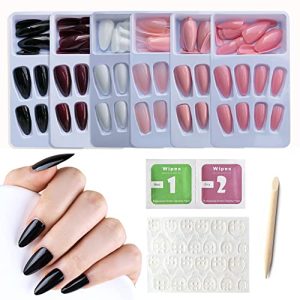 AddFavor 6 Boxes Almond Press on Nails Set, Medium Length Press on Nails Solid Color Glossy Acrylic False Fake Nails with Adhesive Tabs for Women and Girls