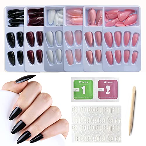 AddFavor 6 Boxes Almond Press on Nails Set, Medium Length Press on Nails Solid Color Glossy Acrylic False Fake Nails with Adhesive Tabs for Women and Girls