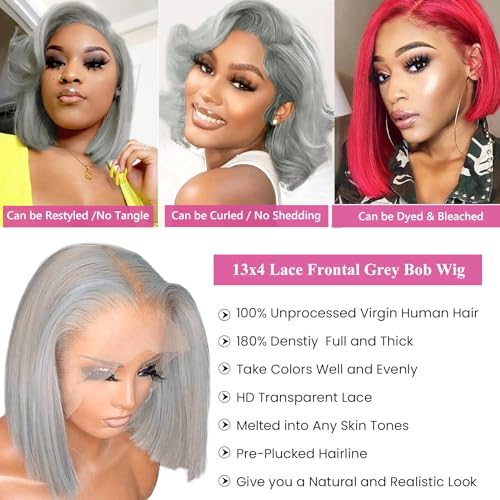 Bob Wig Human Hair Grey 13x4 Lace Front Wigs Human Hair Pre Plucked Hairline Middle Part Brazilian Virgin Human Hair Lace Front Wigs 14 Inch Bleached Knots Lace Front Short Bob Wig 180% Density - Image 3