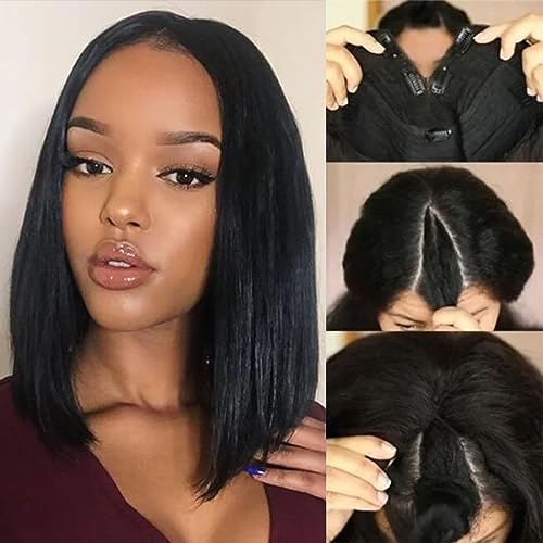SUPERNOVA V Part Bob Wig Human Hair Upgrade U Part Wig No Leave Out No Sew in V Part Half Wigs Clip In No Lace Glueless Straight Bob Wig For Women 10 Inch - Image 2