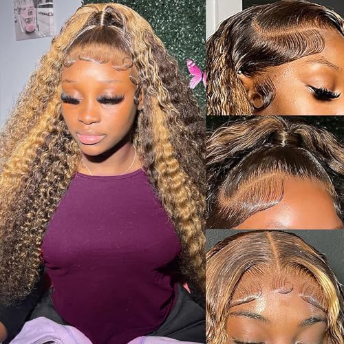 13x6 Deep Wave Lace Front Wigs Human Hair 18 inch Colored Highlight Ombre 4/27 Curly HD Transparent Lace Frontal Wig for Women 180% Density Pre Plucked With Baby Hair Glueless Wig 18 Inch - Image 2