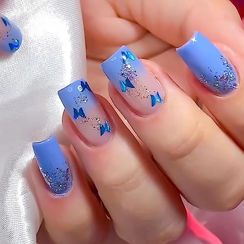 24 Durable Blue Bow Square Press-On Nails Set Easy Application Nail Tips