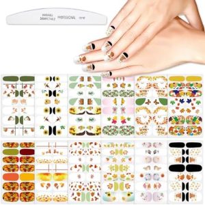 YECIRALA 12 Sheets Maple Leaf Nail Stickers for Women Gel Nails Strips Fall Leaf Nail Polish Stickers Full Nail Wraps Stick On Nails for Women Nail Polish Strips Nail Gel Strips with Nail File