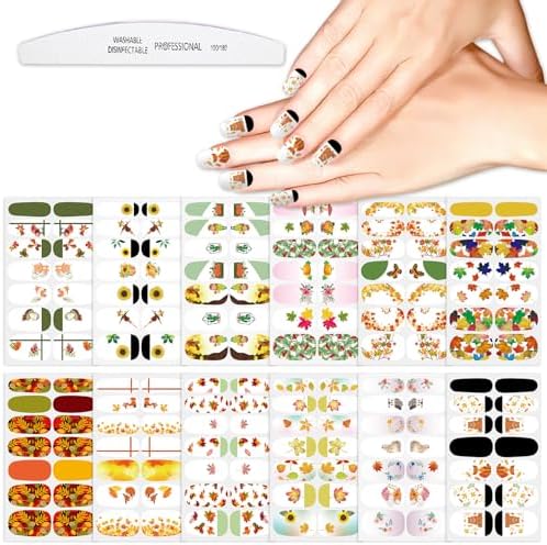 YECIRALA 12 Sheets Maple Leaf Nail Stickers for Women Gel Nails Strips Fall Leaf Nail Polish Stickers Full Nail Wraps Stick On Nails for Women Nail Polish Strips Nail Gel Strips with Nail File