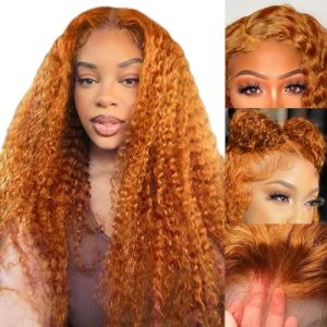 Ginger Lace Front Wigs Human Hair 24 Inch Orange Curly 13x 4 HD Lace Closure Wigs Human Hair Pre Plucked Fall Color Ginger Orange Deep Wave Frontal Wigs Human Hair 150% Density for Women