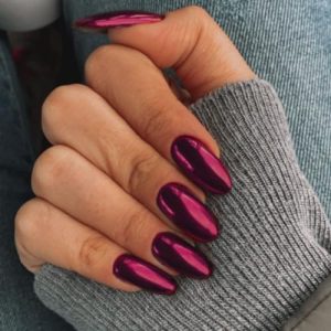 Dark Pink Purple Chrome Press on Nails Medium Round,KQueenest Mirror Metal Almond Fake Acrylic Nails with Bling Design,Fuchsia Glue on Nails for Daily Party Wear,False Nails Press ons in24 PCS