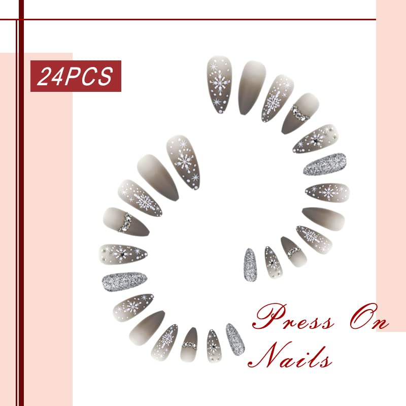 24pcs Medium Glitter Almond Gradient Grey White Snowflake Press on Nails - Image 3