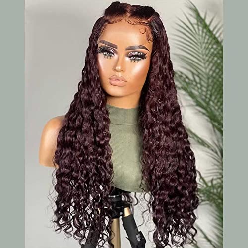 Silky Curly Human Hair Wig Pre Plucked With Baby Hair 13x4 Curly Lace Frontal Wig HD Crystal Lace Bleached Knots 150% Burgundy 99J Color Loose Deep Wave Ombre Color Remy Human Hair Wigs - Image 3
