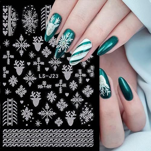 6 Sheets Christmas Nail Stickers Silver Glitter Snowflakes Nail Decals 3D Self-Adhesive Xmas Reindeer Nail Supplies Bell Snow French Nail Design Manicure Accessories for Women Girls Nail Decoration - Image 3