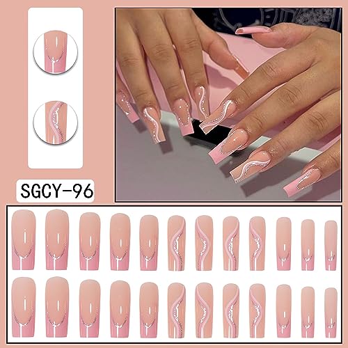 24 Pcs Long Press on Nails Square Fake Nails Glossy Pink French False Nails Tips Full Cover Glitter Line Designs Acrylic Nails French Tip Artificial Nails Stick on Nails for Women Nail Decorations - Image 5