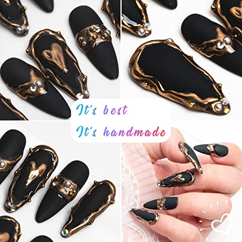 Sun&Beam Handmade Long Almond Stiletto Black Press On Nails with 3D Gold Charms, 10 Pcs - Image 2