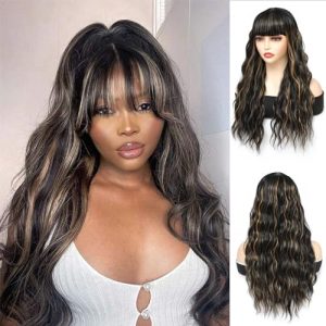 X-TRESS 22 Inches Synthetic Highlight Wigs with Bangs Synthetic Natural Curly Bang Black and Blonde Wigs for Women Synthetic Hair Heat Resistant Fiber Hair Wigs for Daily Party 1b/27 Wig(F1B/27)