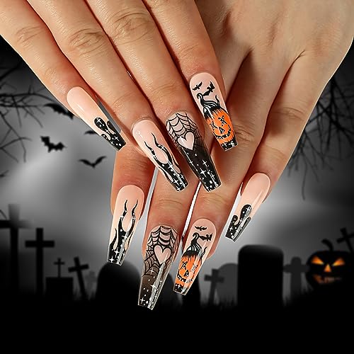 24 Pcs Halloween Press On Nails Coffin Long Black Flame French Fake Nails Horror Pumpkin Designs False Nails Full Cover Glossy Glue On Nails Ballerina Acrylic Nails For Women Girls Nail Art Decoration
