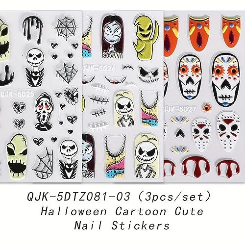 3 Sheets,5D Embossed Halloween Nail Art Stickers, Adhesive Slider Zombie Ghost Blood Spider Bat Nail Designs Halloween Nail Accessories Decorations for Women Girls (5D Zombie 3Pcs) - Image 9